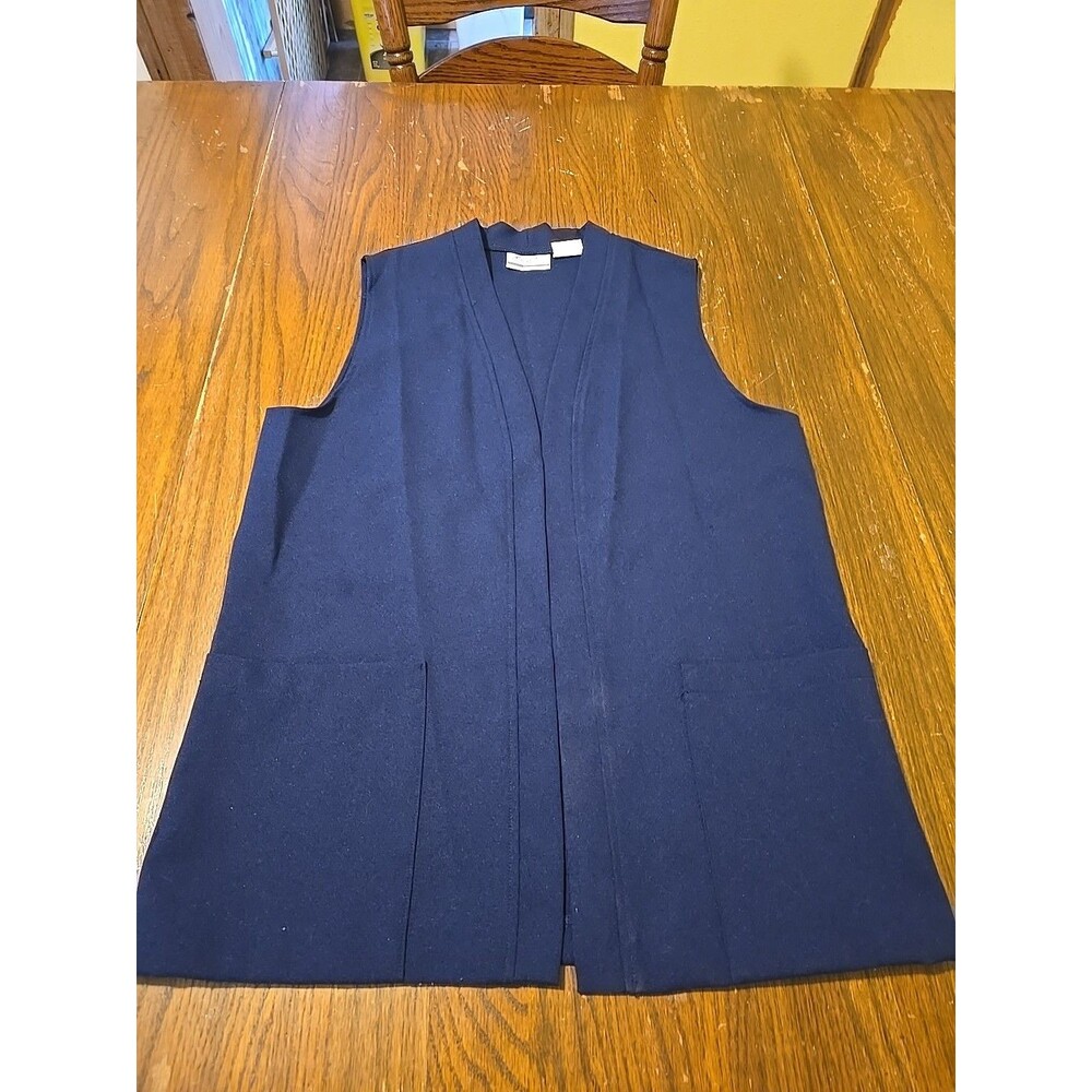 VTG BEND OVER Open Front Navy Blue POLY KNIT 2-Pocket Vest/Cardigan M